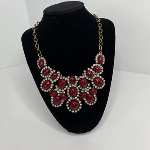 Vintage Deep Red Necklace with Rhinestones and Gold Chain
